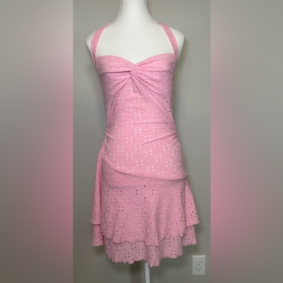Pink halter dressneck tie twist detail babydoll asymmetrical hem spring summer S - Picture 2 of 7